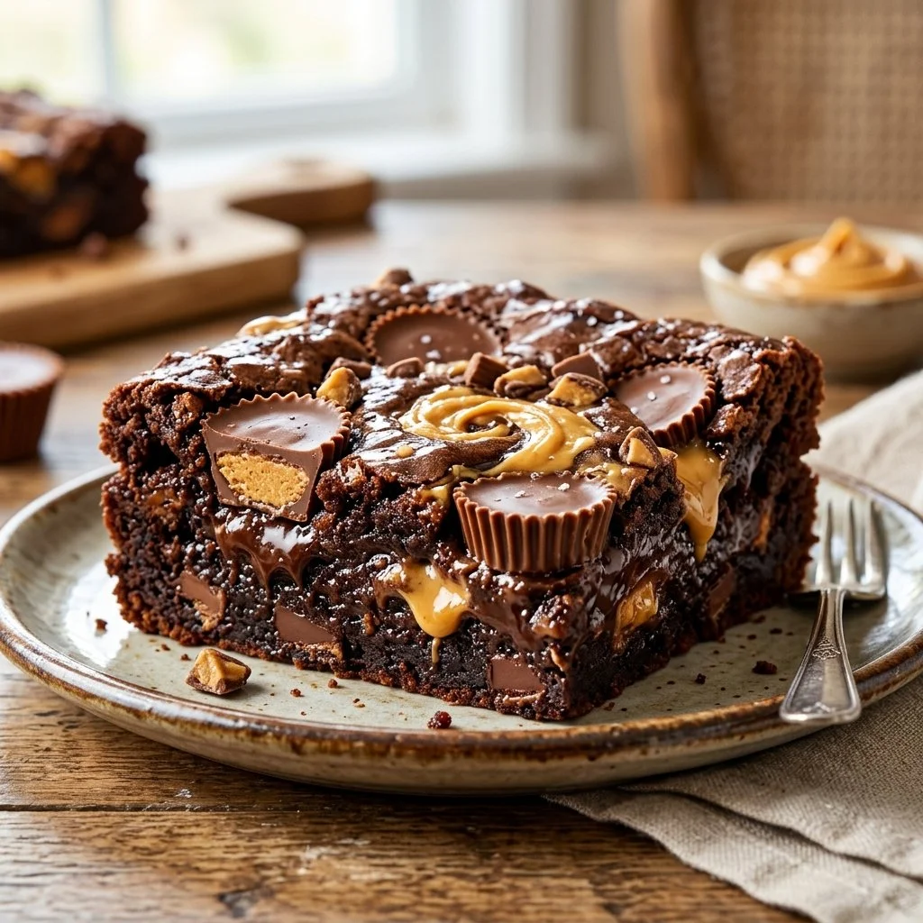 Delicious Peanut Butter Cup Brownies topped with creamy peanut butter cups