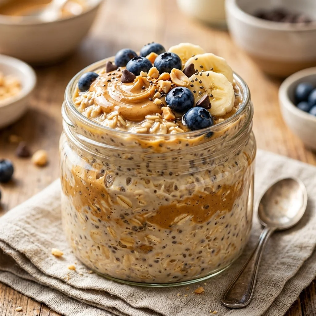 Bowl of peanut butter overnight oats topped with banana and nuts