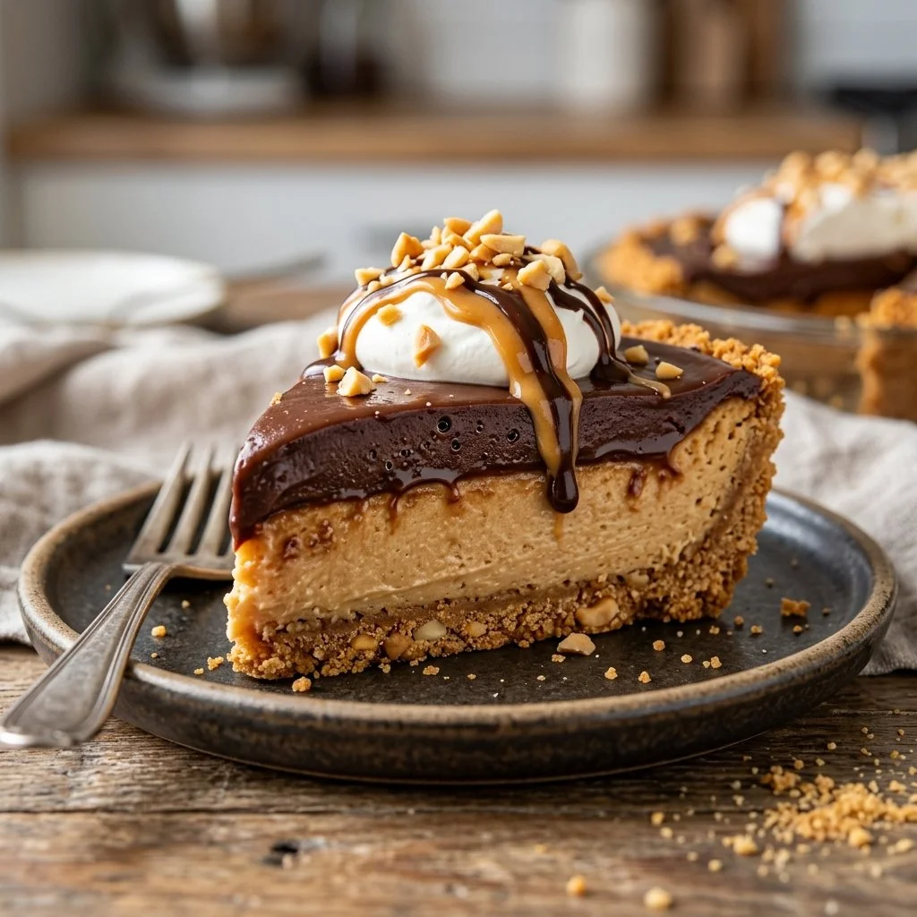 Delicious homemade Peanut Butter Pie topped with whipped cream and chocolate drizzle