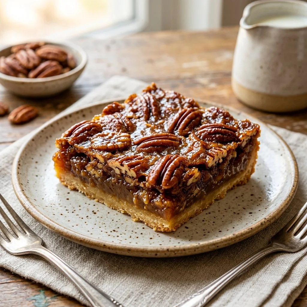 Delicious pecan pie bars topped with pecans and caramel on a white plate