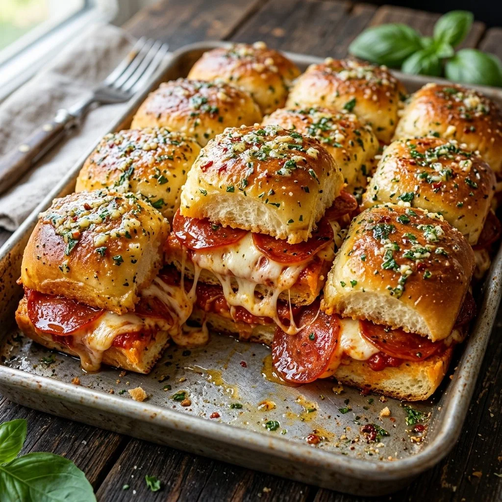 Pepperoni pizza sliders served on a plate with toppings