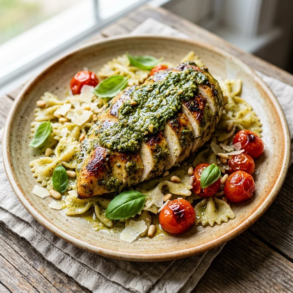 Delicious pesto chicken dish garnished with fresh basil and served on a plate