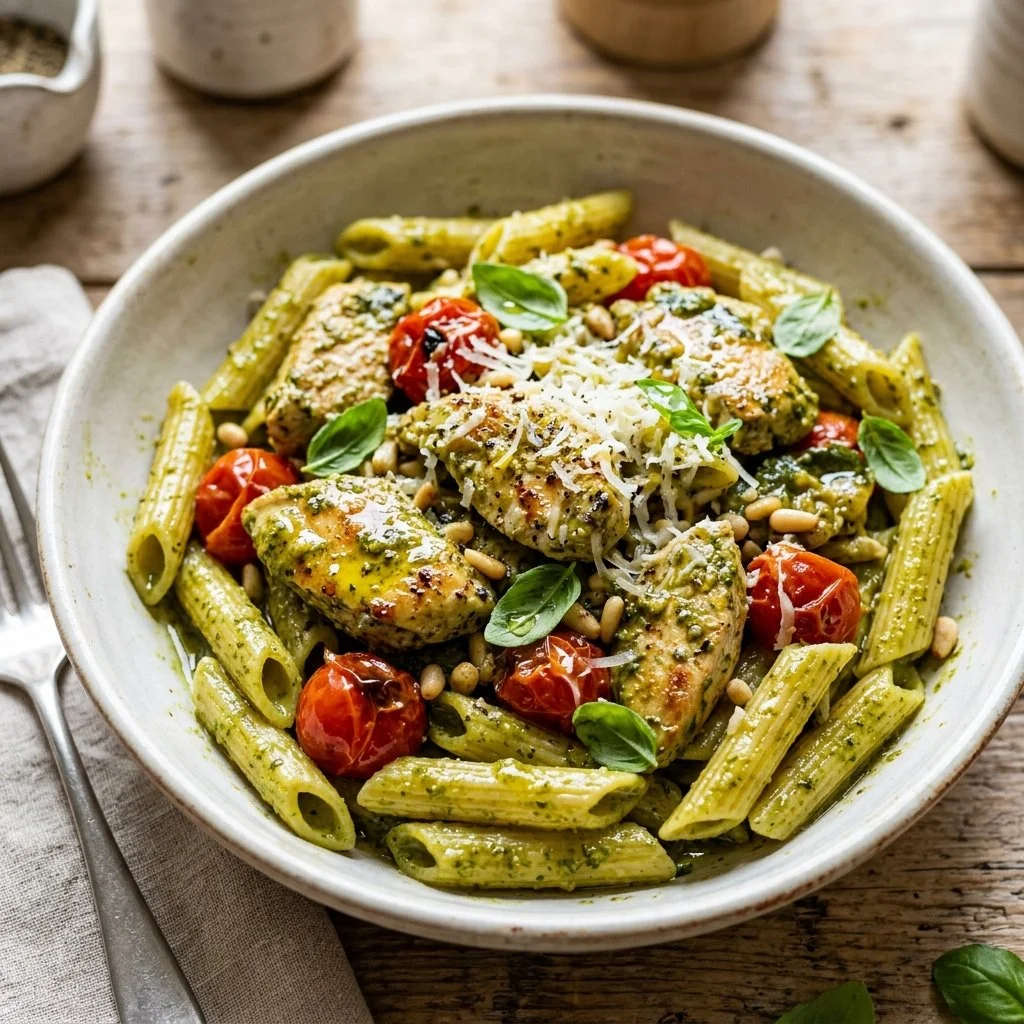 Pesto Chicken Pasta dish garnished with fresh basil and cherry tomatoes
