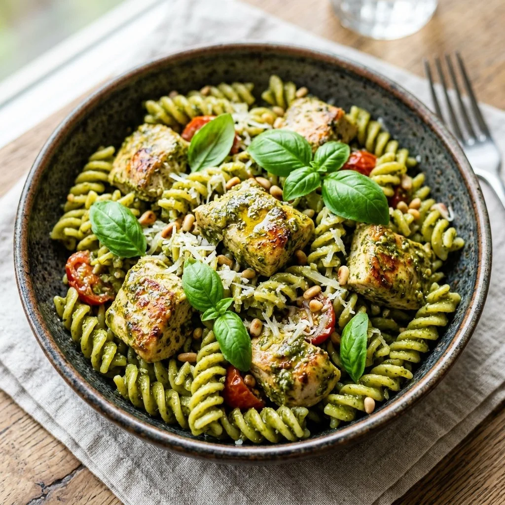A close-up of a bowl of Pesto Chicken Pasta garnished with fresh basil.