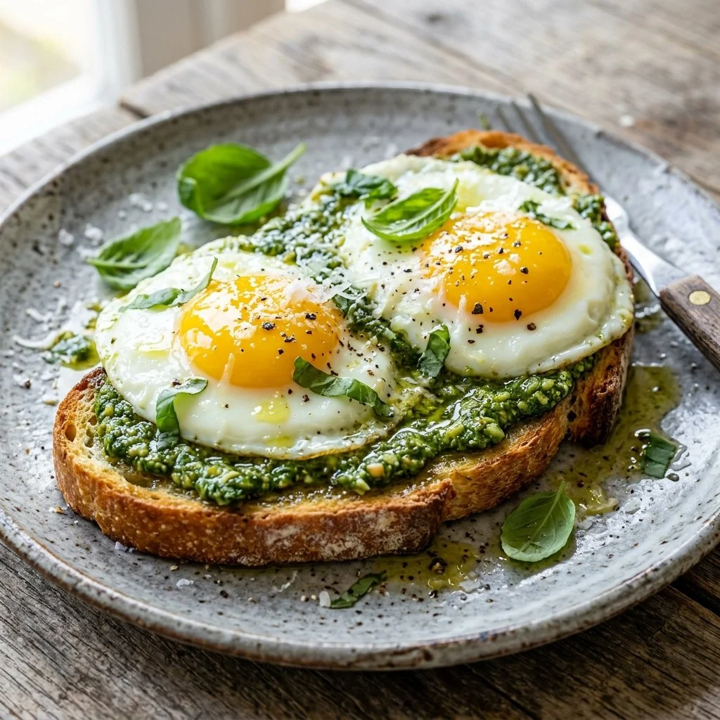 Pesto eggs served on toast with fresh herbs and tomatoes