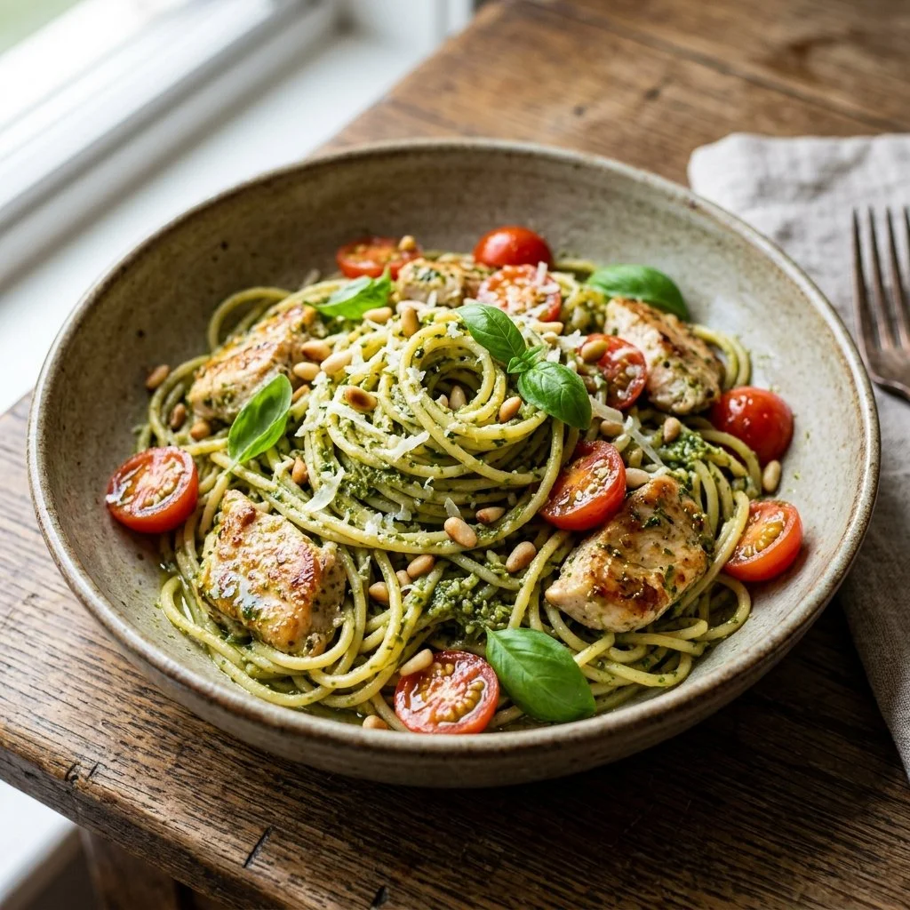 A bowl of creamy pesto pasta with chicken and fresh basil
