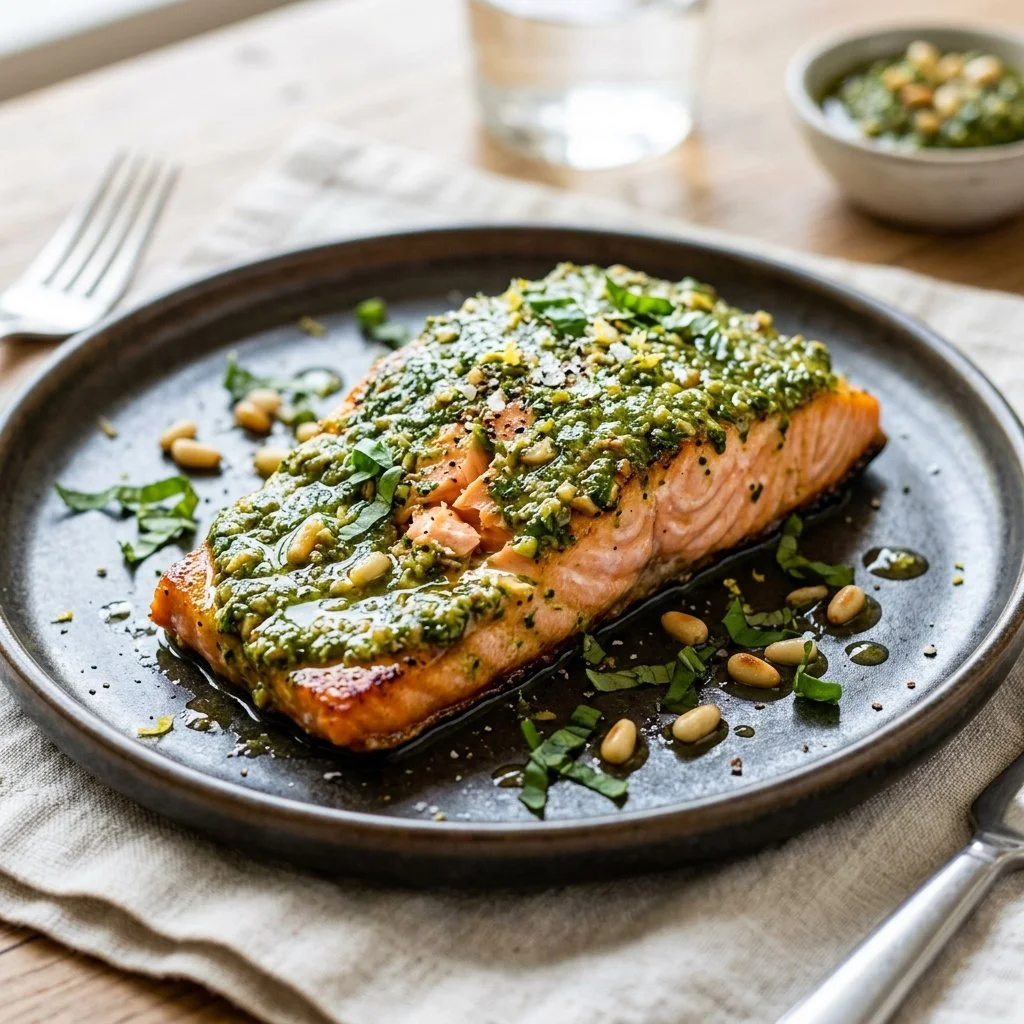 Delicious Pesto Salmon garnished with herbs and lemon, served on a plate