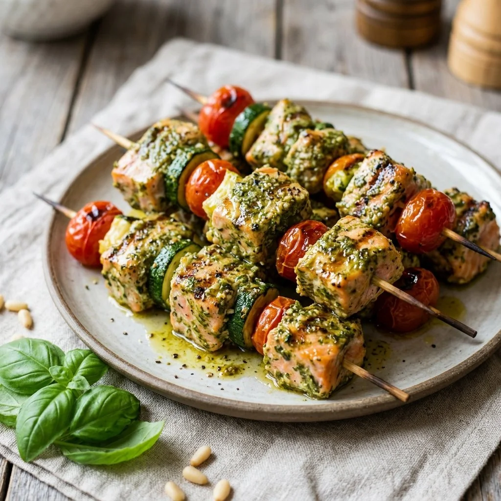 Grilled Pesto Salmon Kebabs on skewers served with fresh herbs