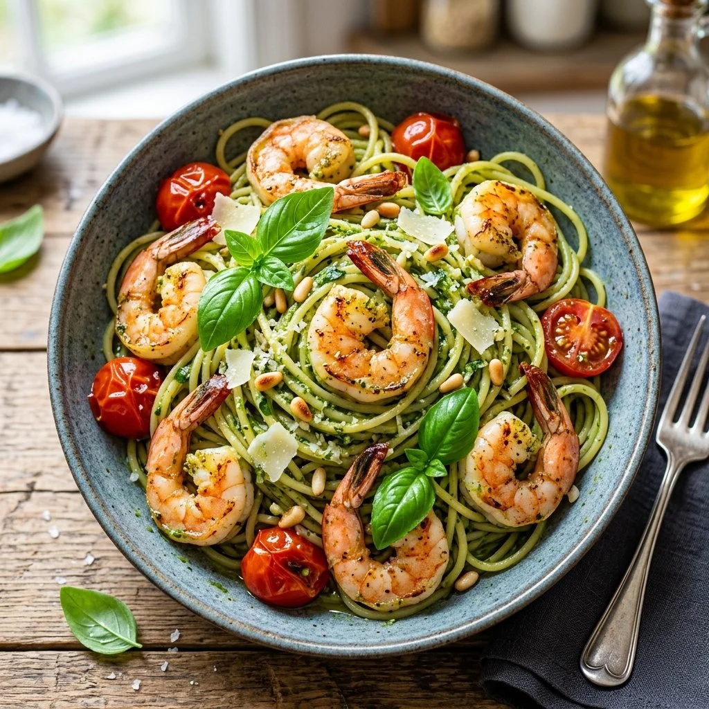 Bowl of pesto shrimp pasta with fresh basil and shrimp topping