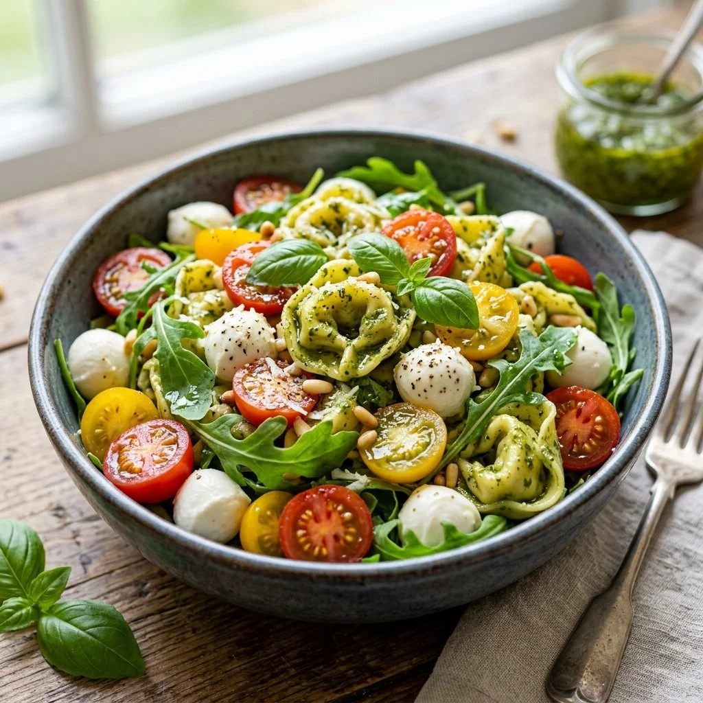 Colorful Pesto Tortellini Salad with fresh vegetables and herbs