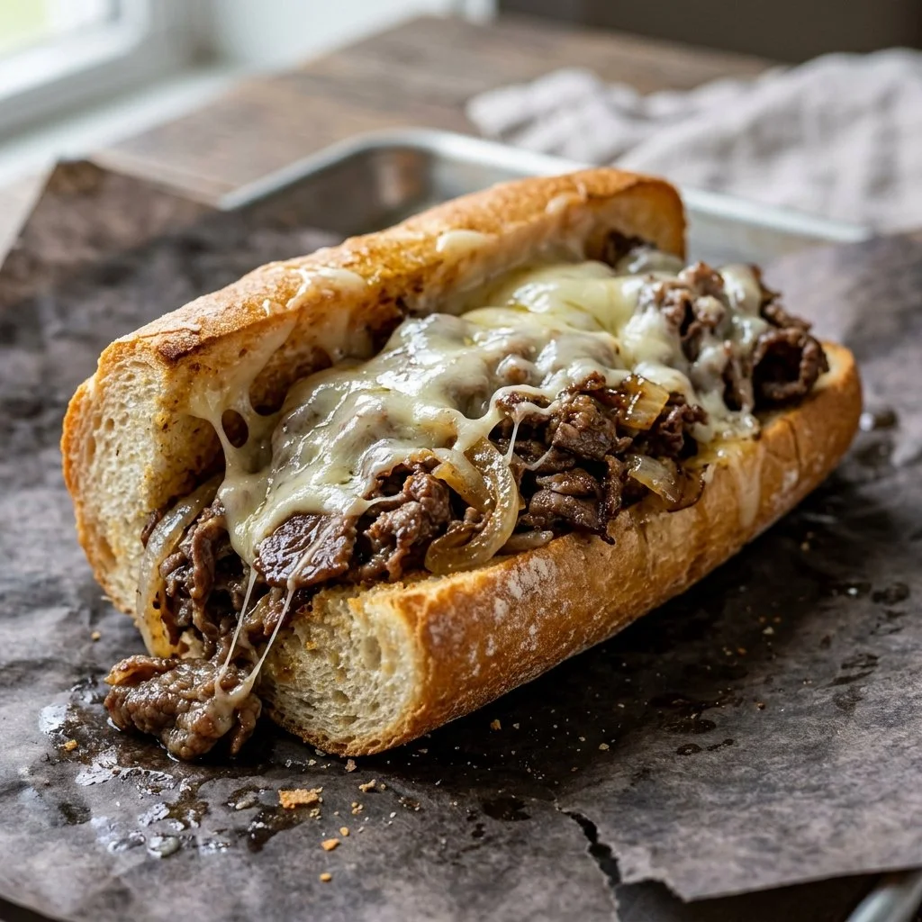 Delicious Philly Cheesesteak sandwich with melted cheese and peppers