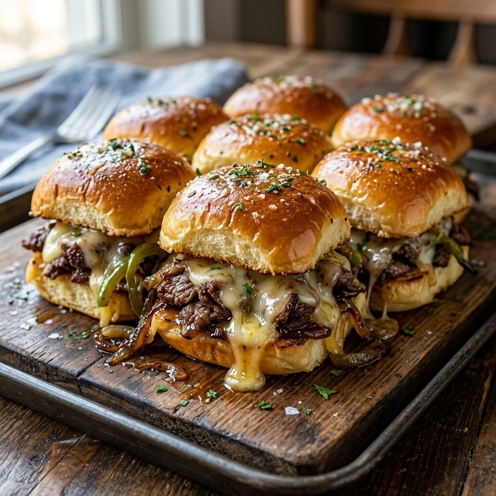 Philly Cheesesteak Sliders with melted cheese and sautéed onions on a platter