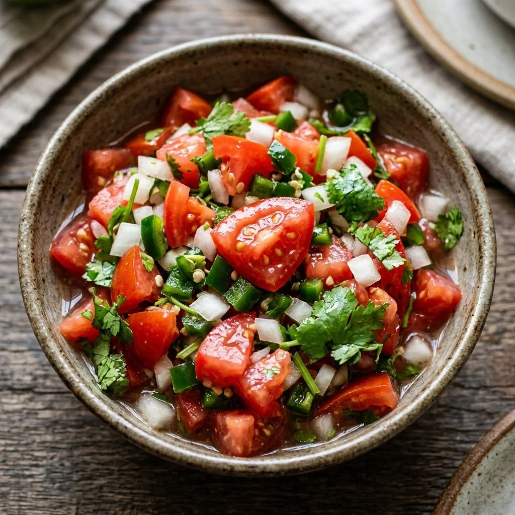 Fresh Pico de Gallo salsa with chopped tomatoes, onions, and cilantro.