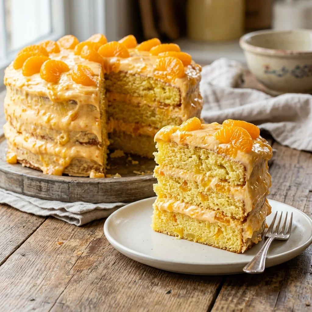 Delicious slice of Pig Pickin' Cake topped with whipped cream and mandarin oranges