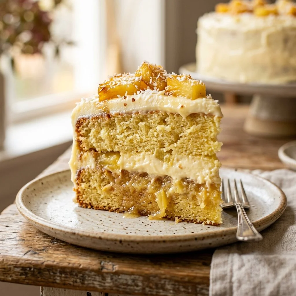 Slice of Pineapple Dream Cake with tropical fruit decoration