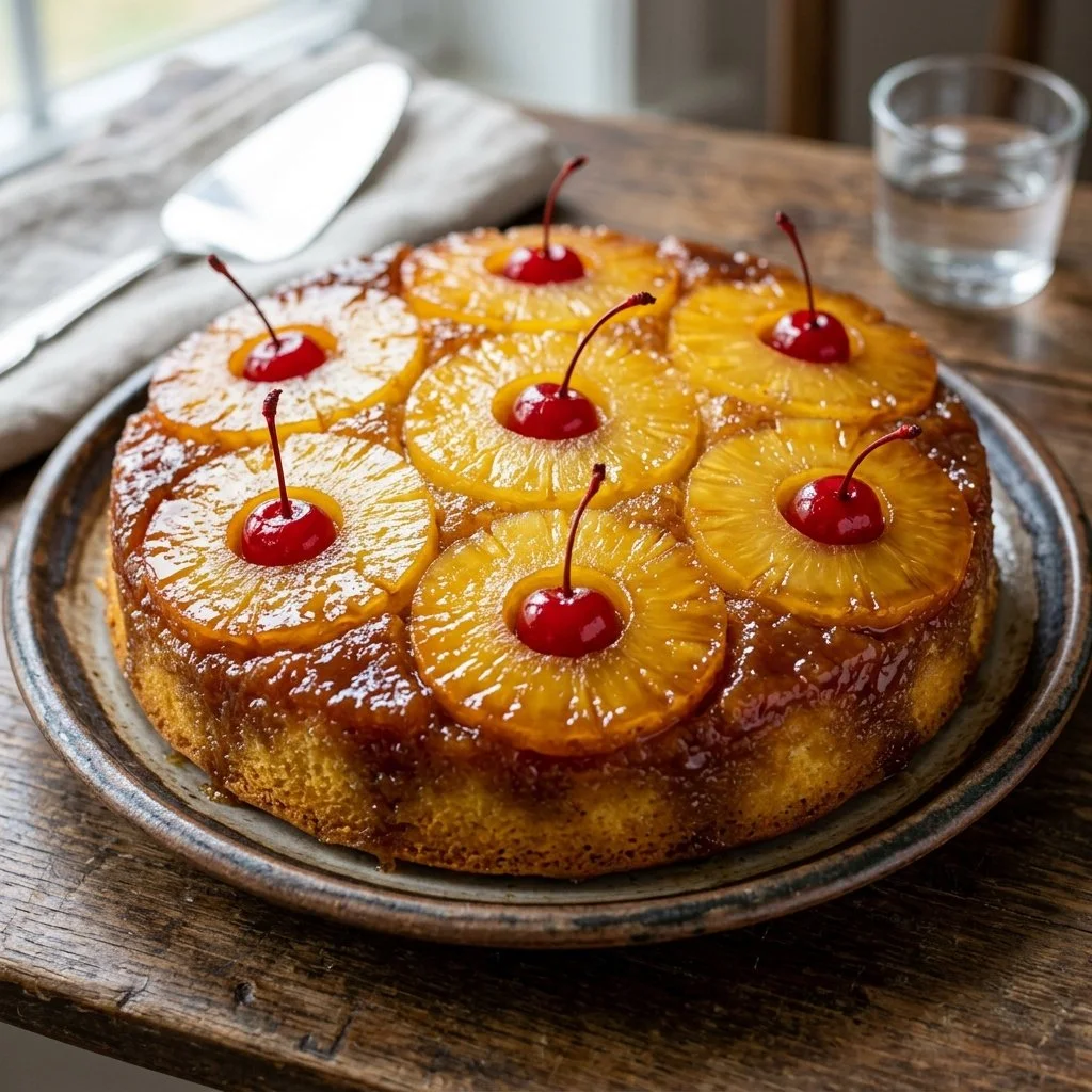Delicious homemade Pineapple Upside Down Cake with caramelized pineapple topping