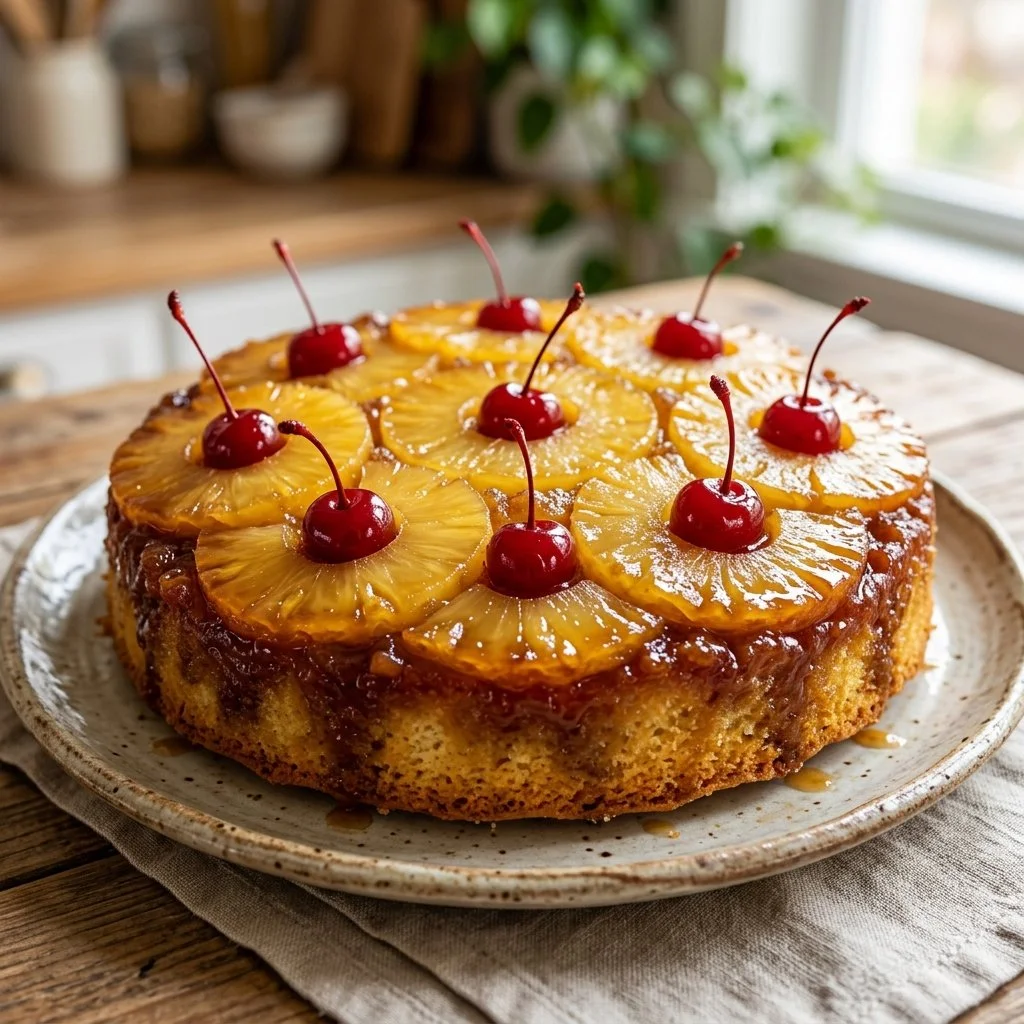 A delicious Pineapple Upside Down Cake garnished with cherries and pineapple slices.