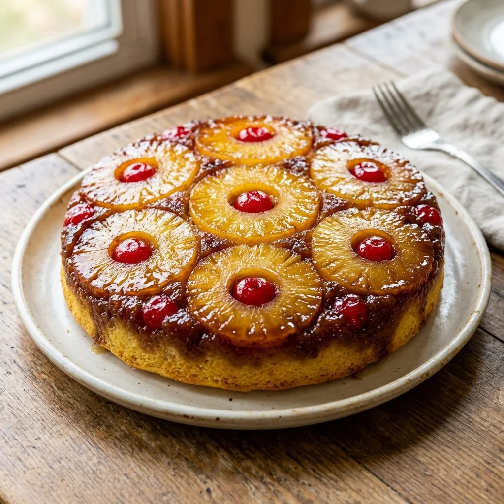 A beautifully baked Pineapple Upside Down Cake with caramelized pineapple toppings.