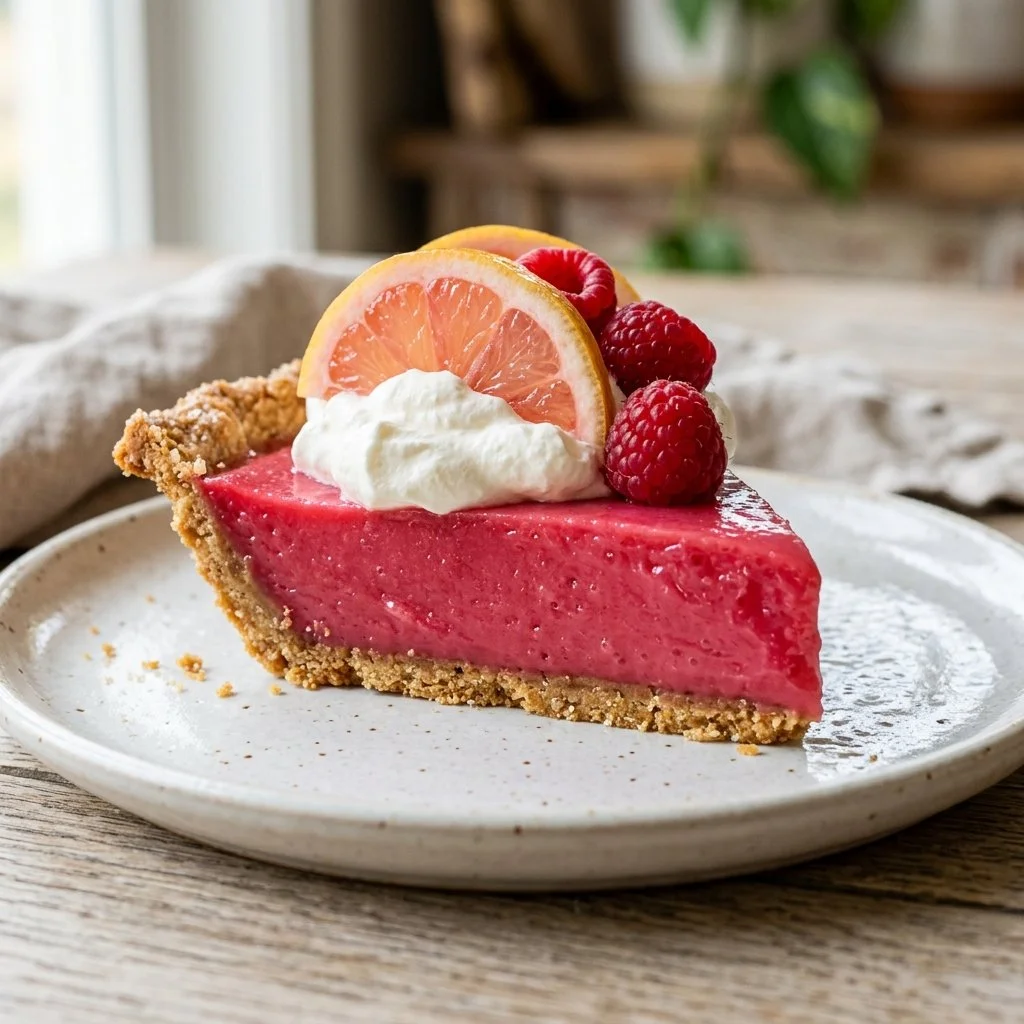 Delicious homemade Pink Lemonade Pie on a white plate