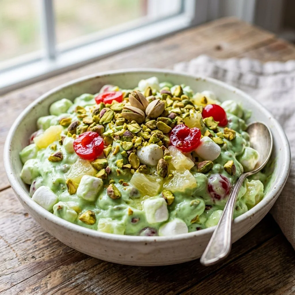 Colorful pistachio salad with fresh vegetables and nuts served in a bowl