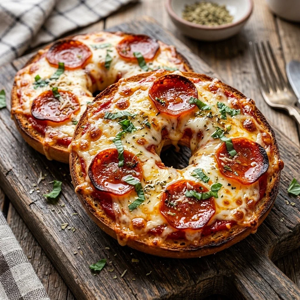 Freshly baked pizza bagels topped with cheese and pepperoni
