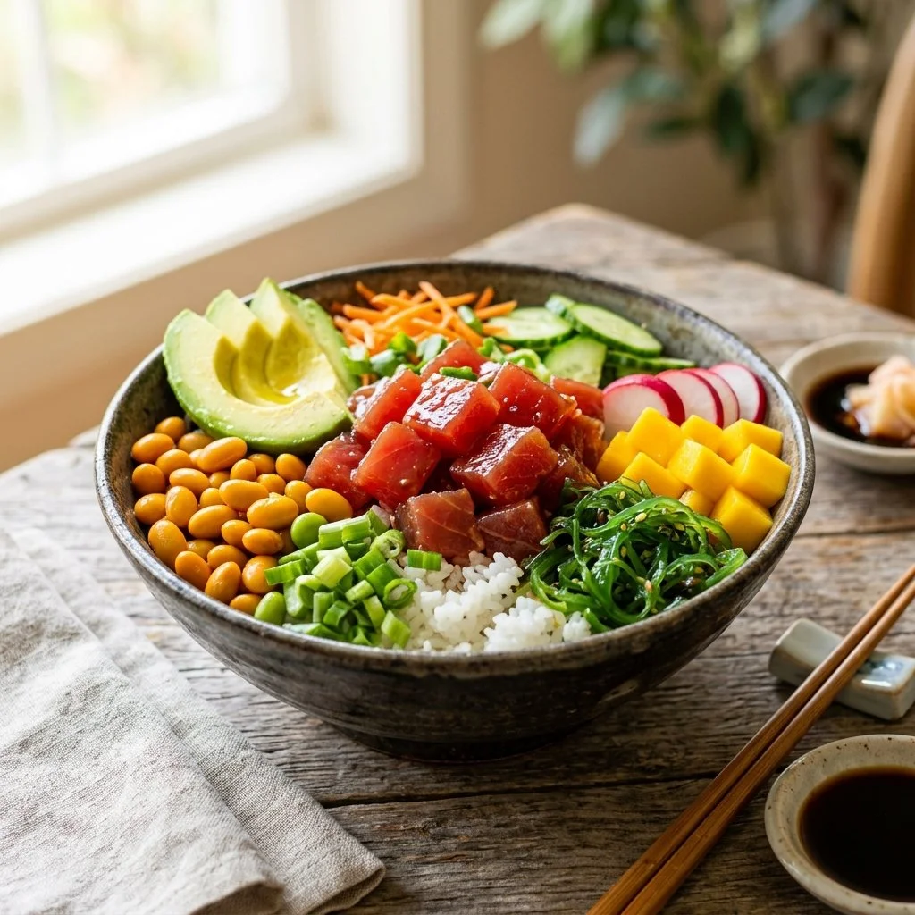 Delicious and colorful poke bowls with fresh vegetables and fish.
