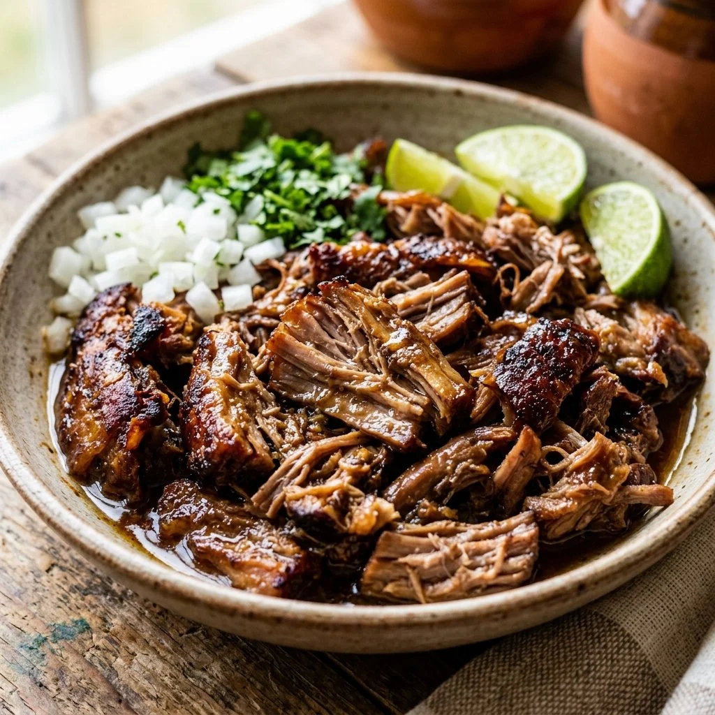 Deliciously cooked Pork Carnitas served with fresh toppings