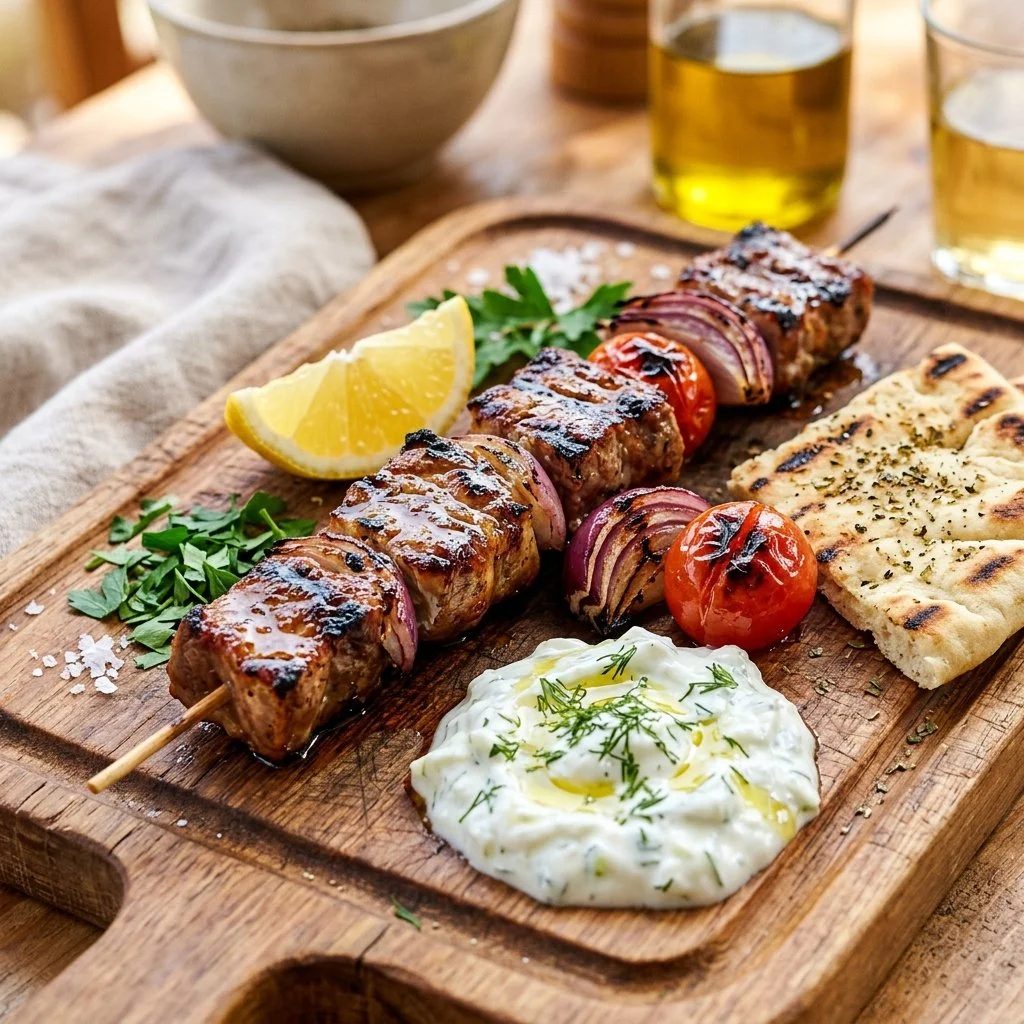 Delicious Pork Souvlaki skewers grilled to perfection with vegetables