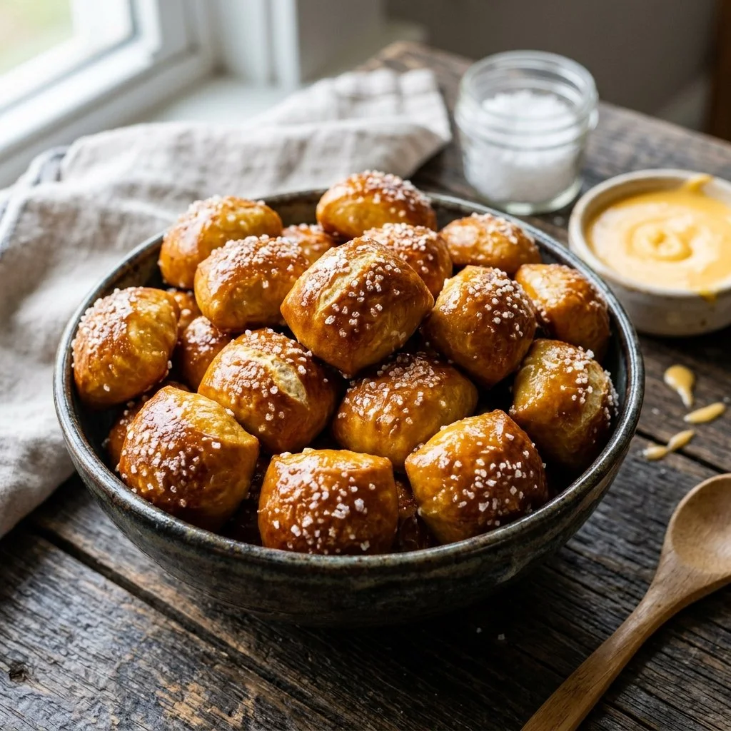 Delicious homemade pretzel bites served with dipping sauce
