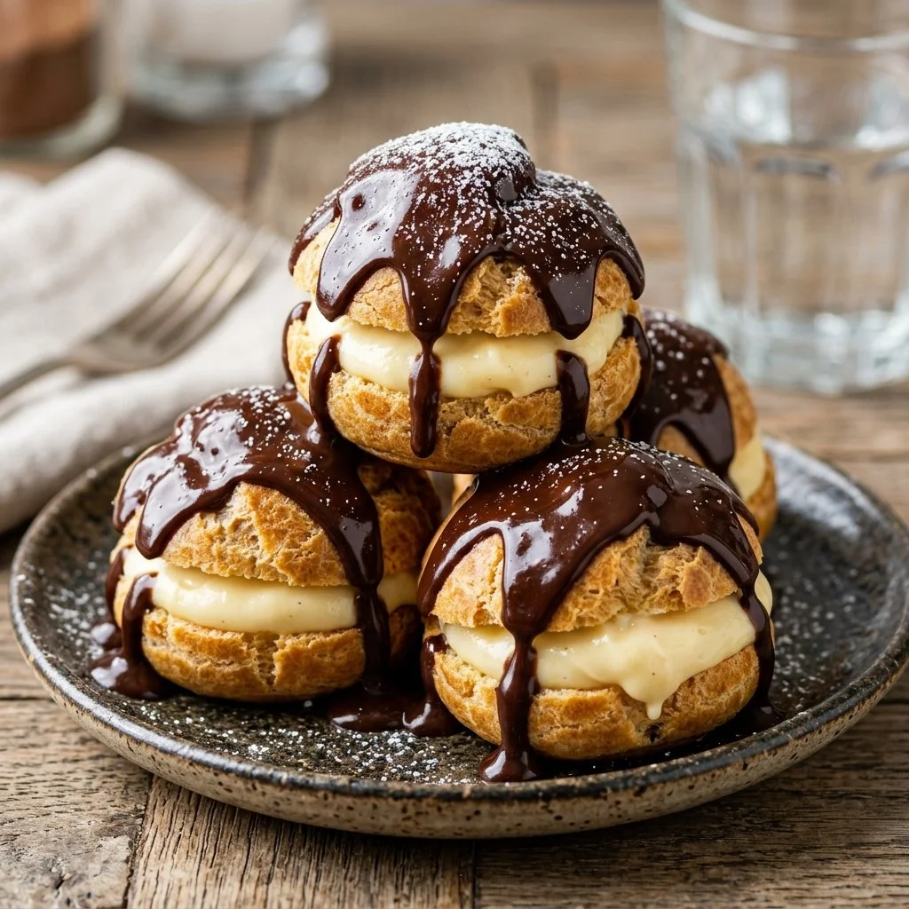 Delicious homemade profiteroles filled with vanilla cream and topped with chocolate sauce.