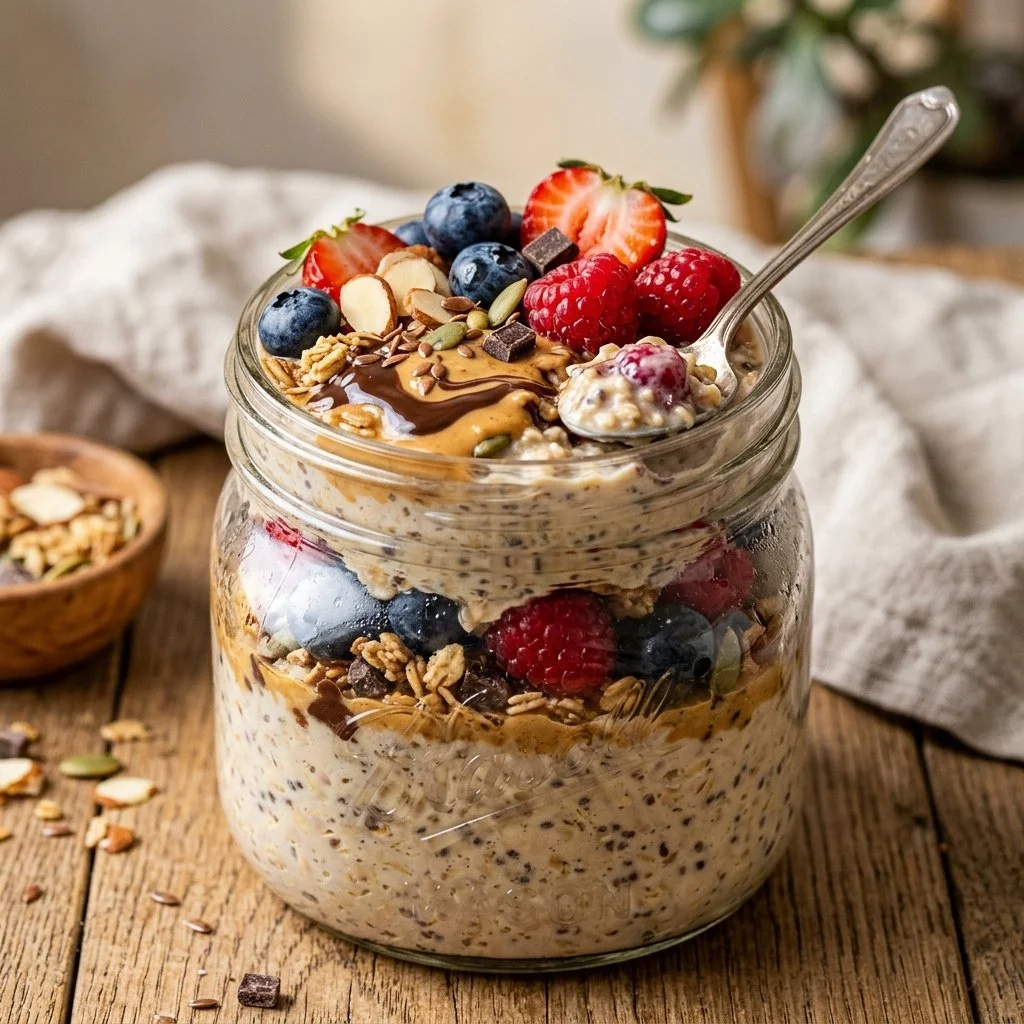 Bowl of delicious protein overnight oats topped with fruits and nuts
