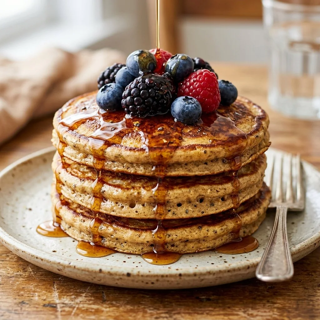 Fluffy protein pancakes topped with berries and syrup for a delicious breakfast