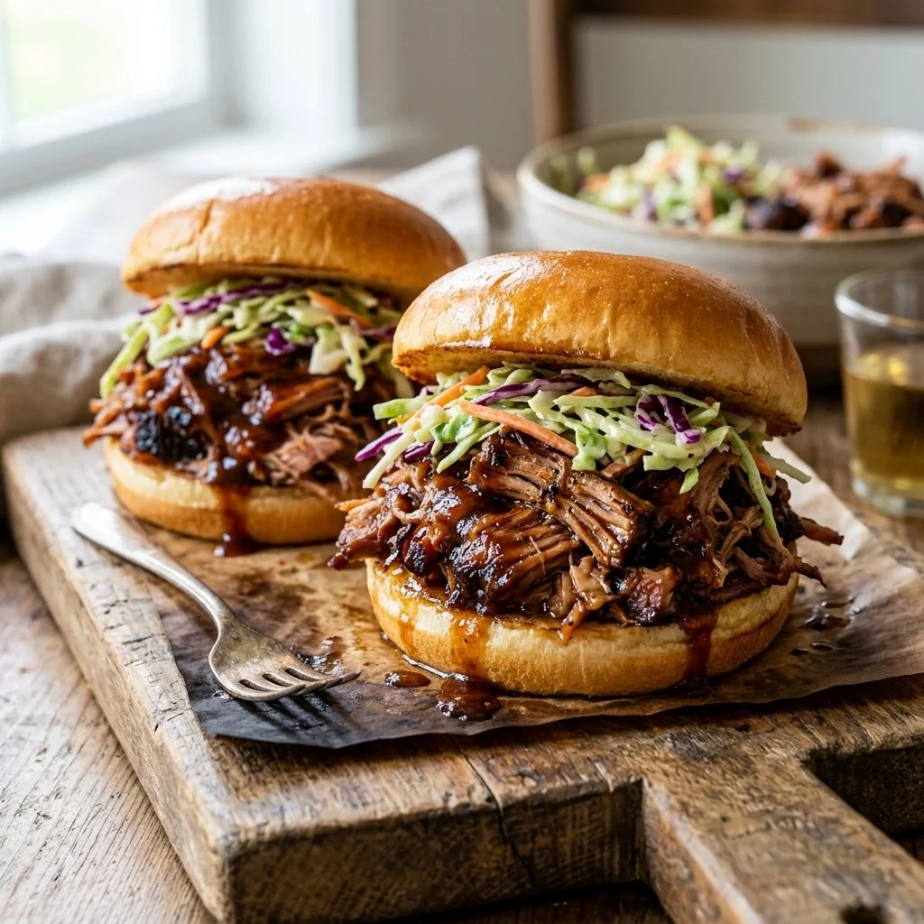 A close-up of a delicious pulled pork sandwich with coleslaw and barbecue sauce.