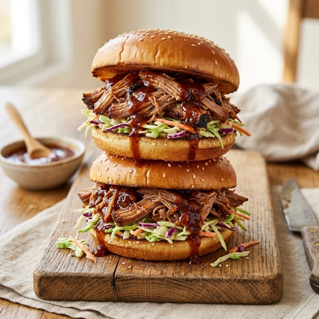Delicious pulled pork sandwich garnished with coleslaw and pickles