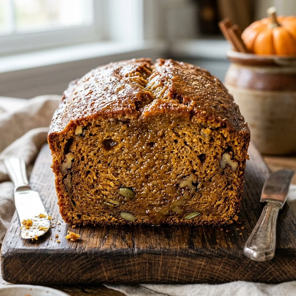 Freshly baked pumpkin bread loaf with spices and nuts