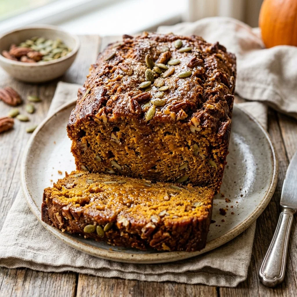 Freshly baked pumpkin bread with spices and garnishes on a wooden table