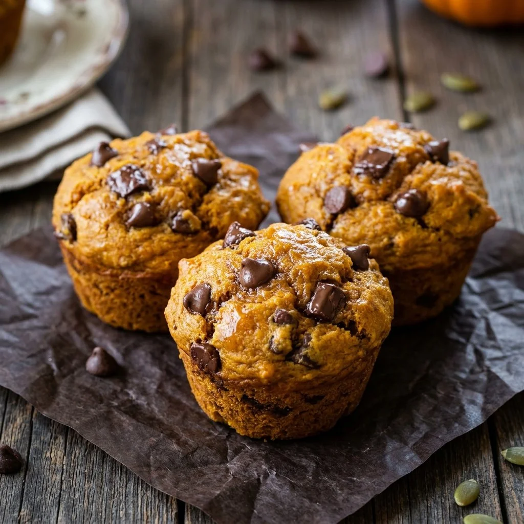 Freshly baked Pumpkin Chocolate Chip Muffins on a rustic wooden table