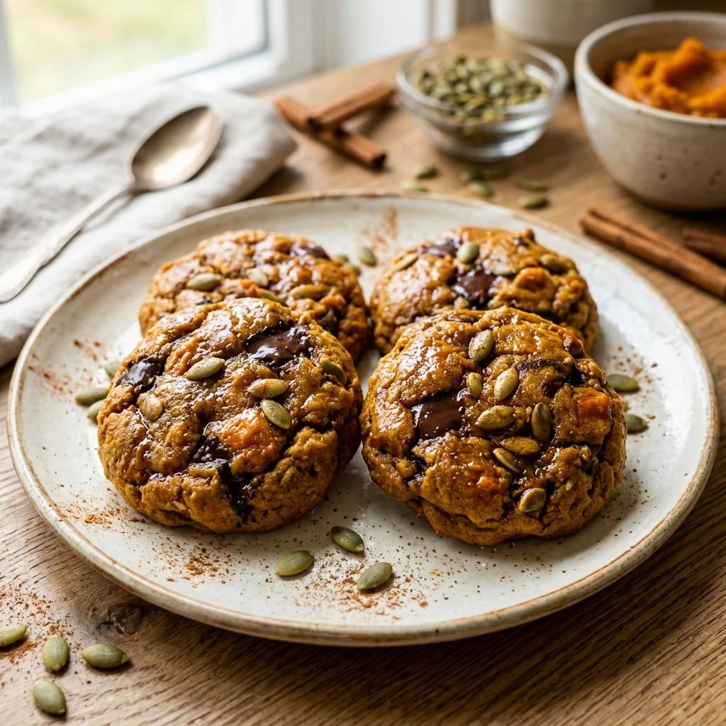 Freshly baked pumpkin cookies with spices and fall decorations