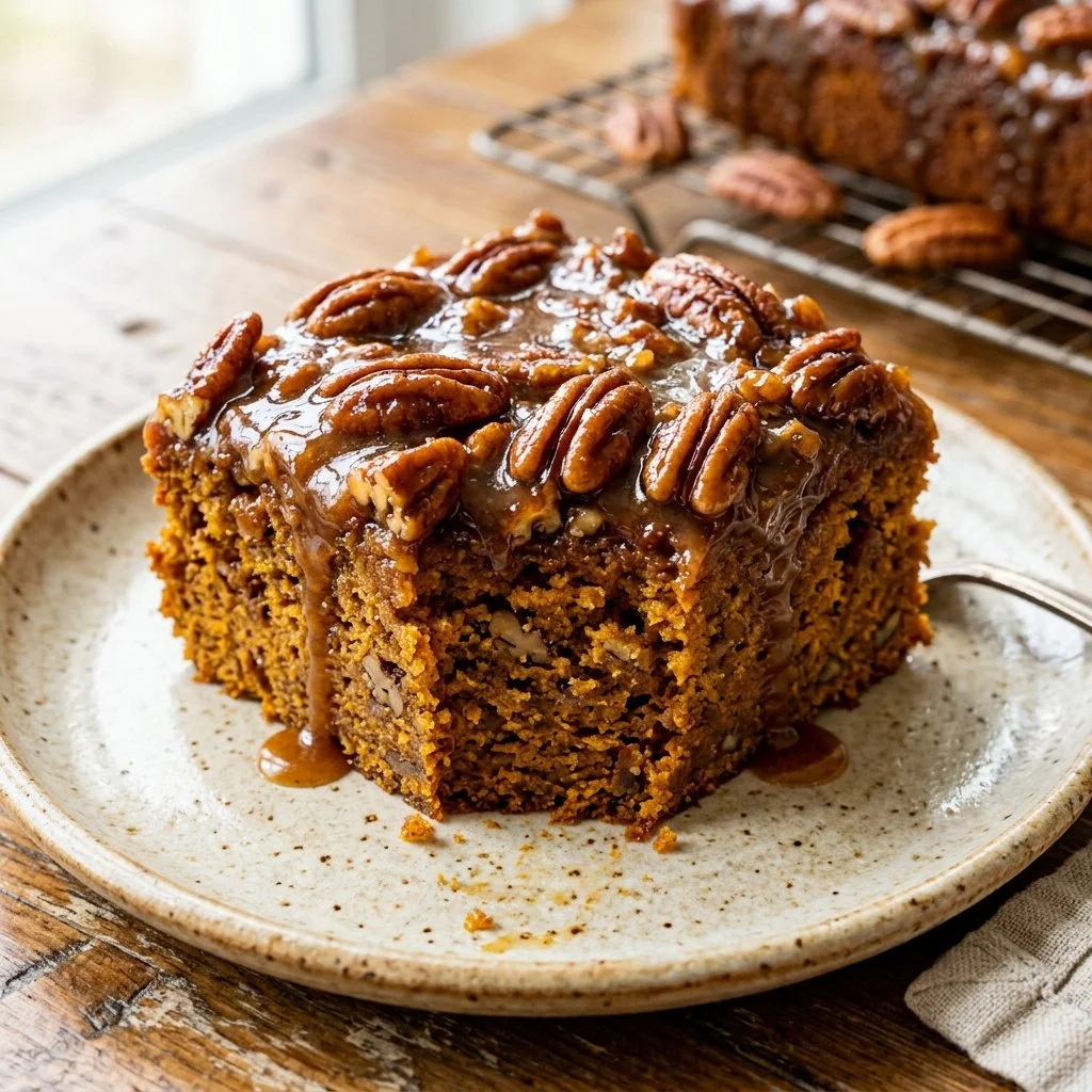 Delicious Pumpkin Praline Cake with spiced pumpkin and crunchy praline topping