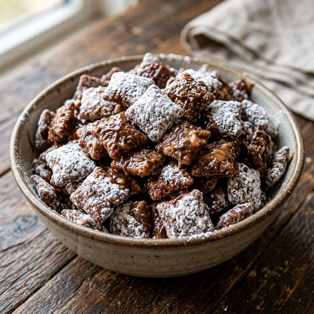 Bowl of homemade Puppy Chow featuring crunchy cereal and chocolate treats.