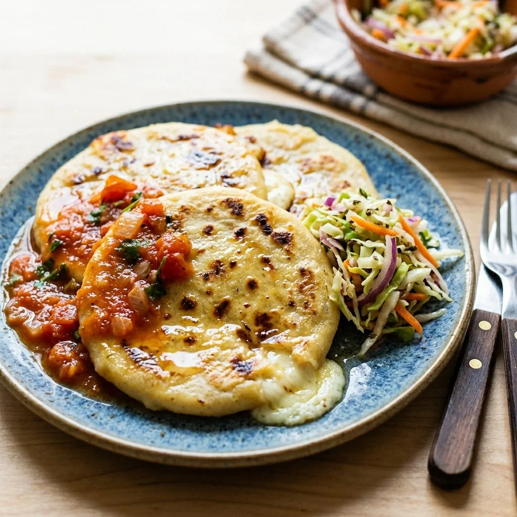Delicious pupusas filled with cheese and beans served with traditional salsa.