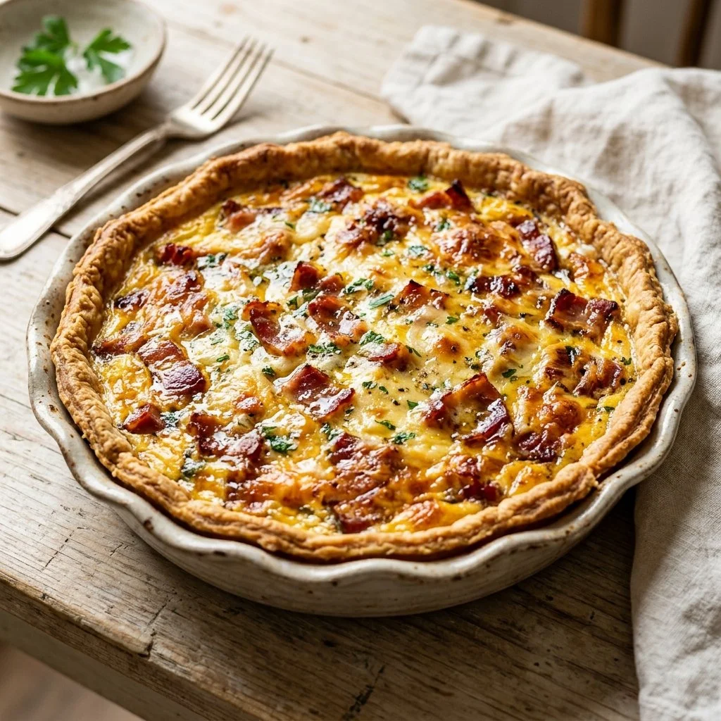 Delicious Quiche Lorraine with crispy bacon and cheese in a flaky crust