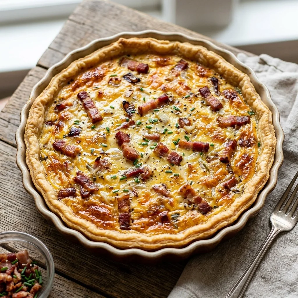 Delicious Quiche Lorraine with bacon and cheese served on a wooden table