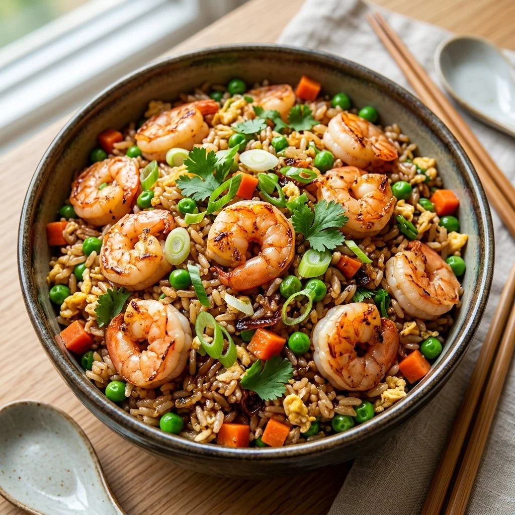 Quick shrimp fried rice served in a bowl with vegetables and shrimp