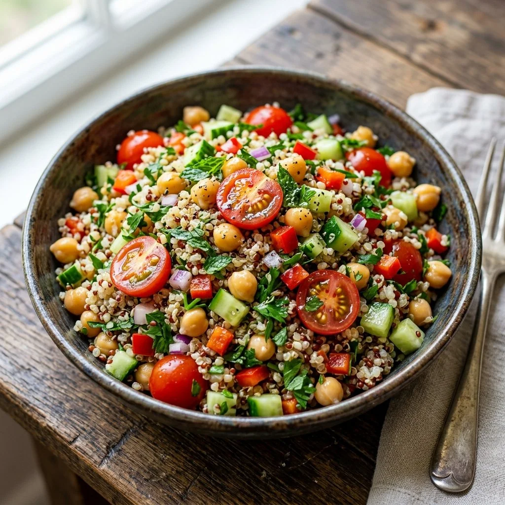 Colorful Quinoa Salad with Chickpeas and fresh vegetables in a bowl