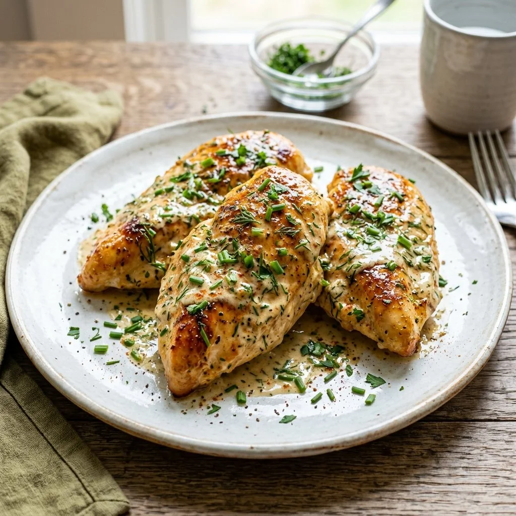 Delicious Ranch Chicken recipe served on a plate with herbs and vegetables