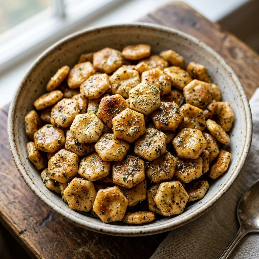 Bowl of crunchy Ranch Oyster Crackers for snack lovers