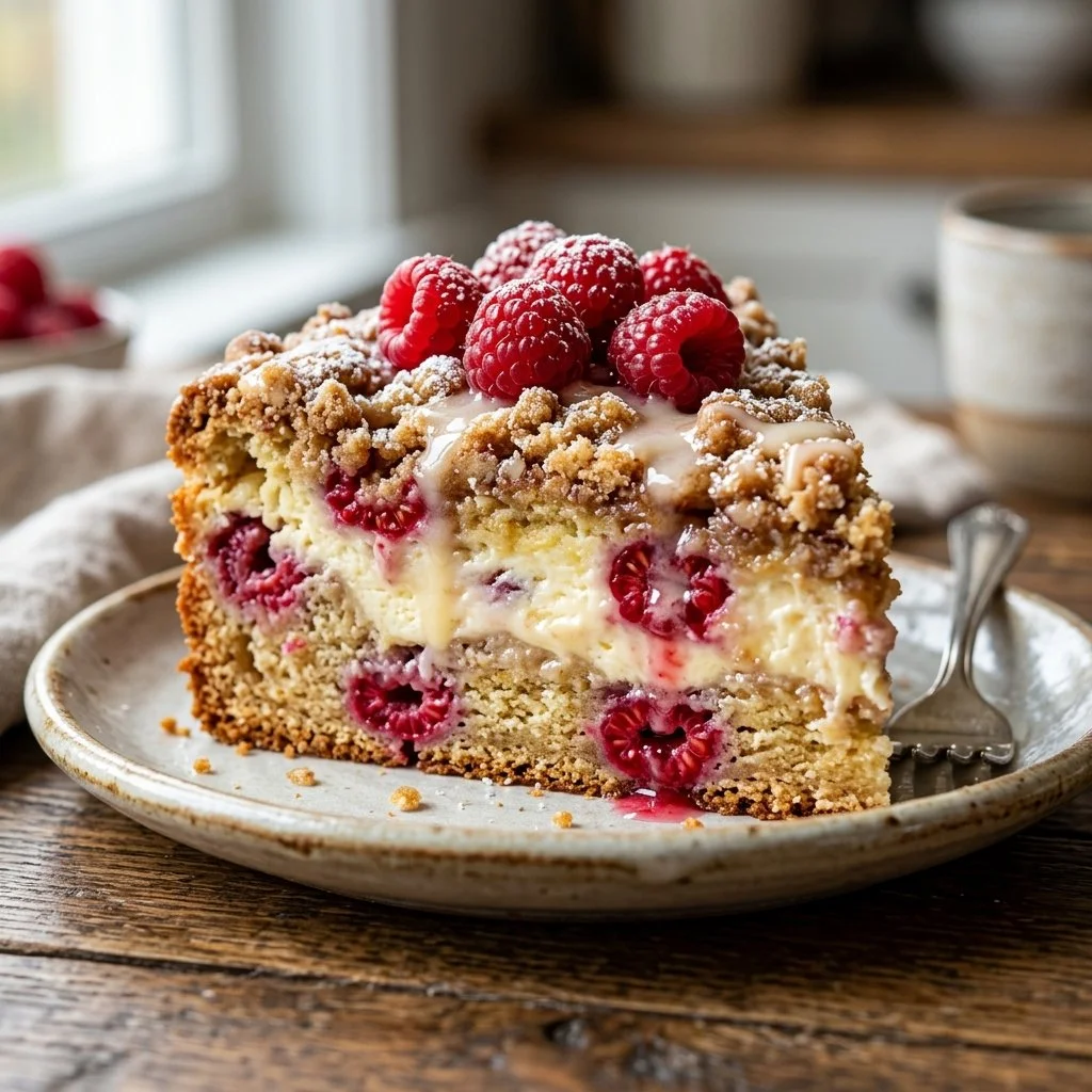 Raspberry Cream Cheese Coffee Cake topped with fresh raspberries and cream cheese swirl.