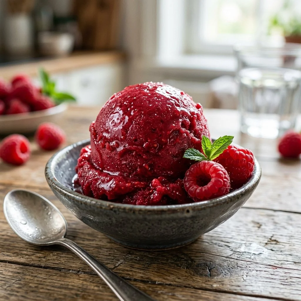 Delicious raspberry sorbet served in a bowl with fresh raspberries on top