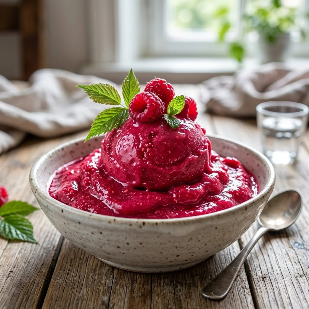 Delicious raspberry sorbet in a bowl garnished with fresh raspberries